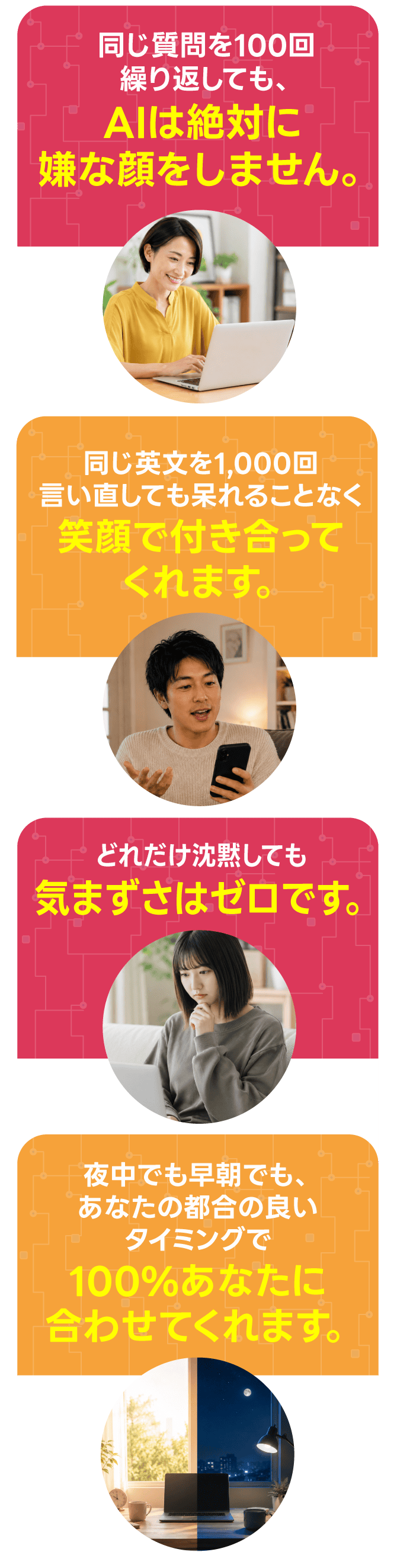 同じ質問を100回繰り返してもAIは絶対に嫌な顔をしません / 同じ英文を1,000回言い直しても呆れず笑顔で付き合ってくれます / どれだけ沈黙しても気まずさはゼロ / 夜中でも早朝でもあなたの都合に100%合わせてくれます