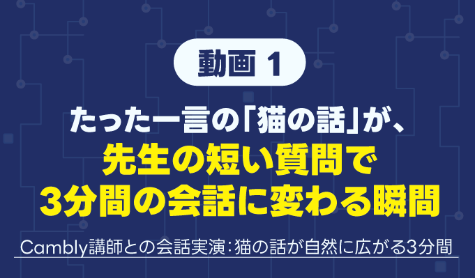 動画1：たった一言の「猫の話」が、先生の短い質問で3分間の会話に変わる瞬間